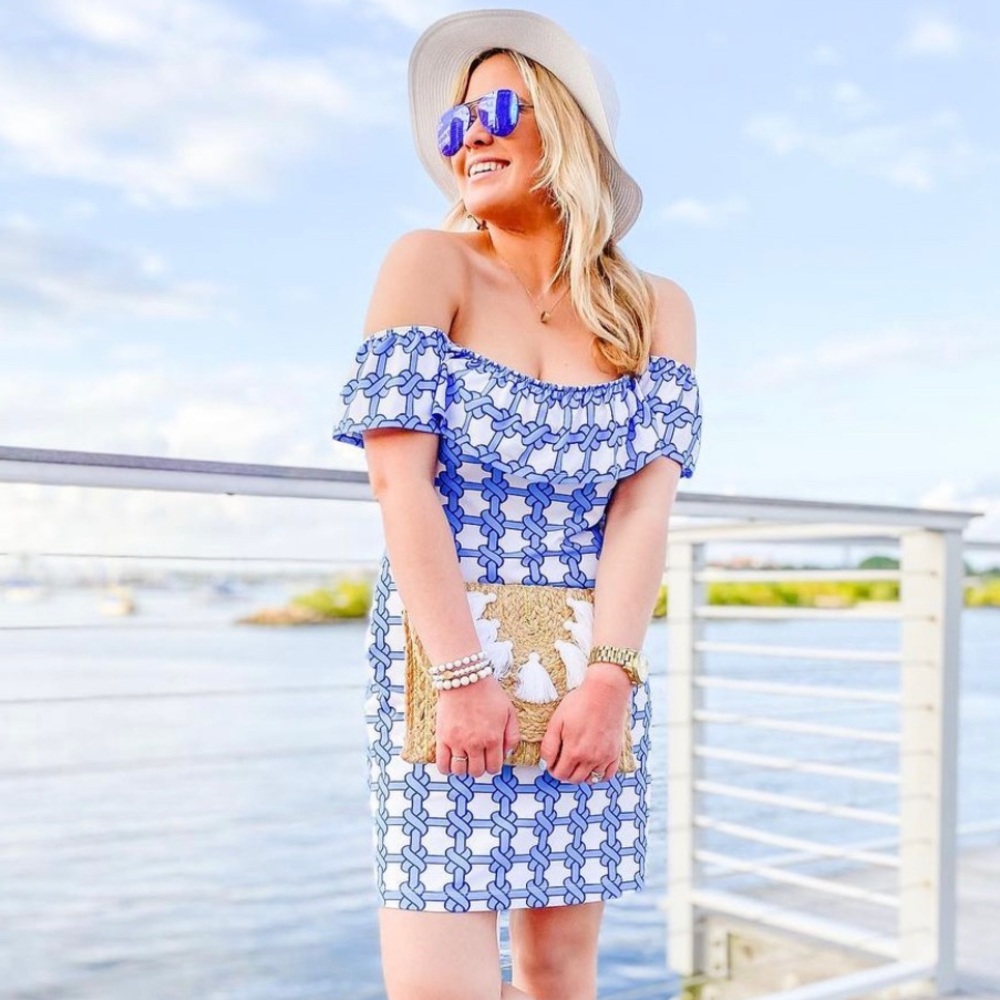 Blue and white on or off the shoulder dress.